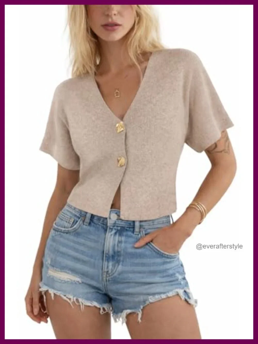 Cropped Knit Cardigan Top V Neck Button Front Short Sleeve Sweater